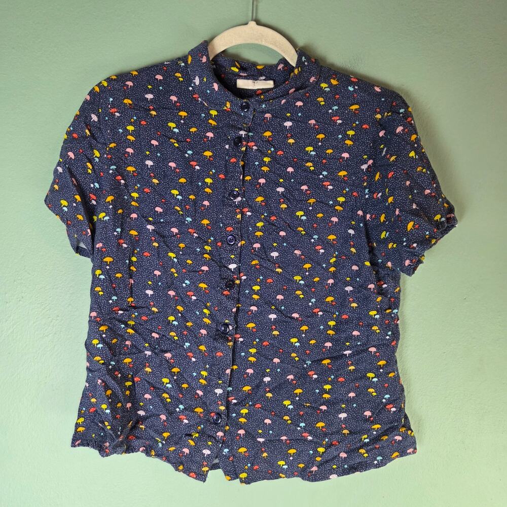 Modcloth Circus Womens Sprouting With Ideas Button Up Blue Mushroom Top UK 14 10
